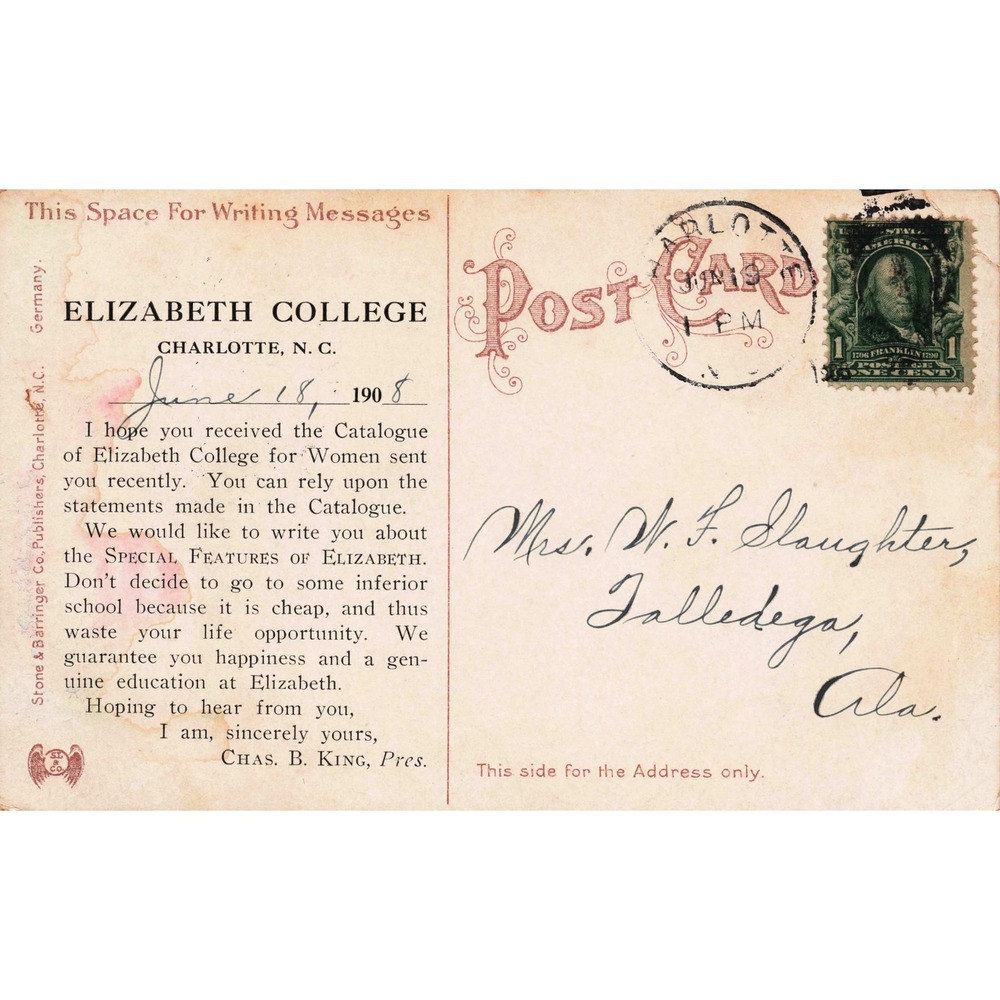 VTG 1905 Elizabeth College Charlotte NC Postcard New South Gerard Conservatory - Picture 2 of 2